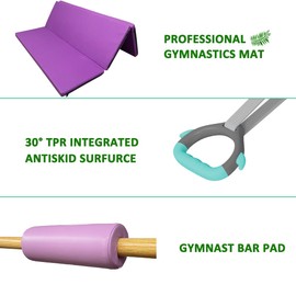kechery Foldable Gymnastics Bar with Mat, Rings and Bar Pad for Junior Kids, 3'-5' Adjustable Height and Expandable Gymnastics Horizontal Bar Indoor Equipment for Kid's Training at Home.