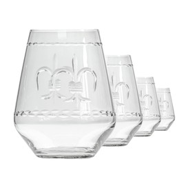 Rolf Glass Fleur De Lis Stemless Wine Tumbler 18 ounce - Stemless Wine Glasses - Lead-Free Glass - Etched Tumbler Glasses - Proudly Made in the USA (Set of 4)
