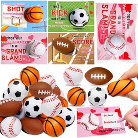 28 Pack Valentines Day Gifts for Kids Classroom Valentines Day Cards with Sports Ball Fidget Stress Balls Squeeze Foam Balls for Kids School Stress Relief Toys Party Favors Valentines Exchange Gifts