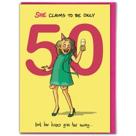 Brainbox Candy - Hilariously Funny 50th Birthday Card - 'Claims To Be 50' - Age 50 - Fiftieth Birthday - Silly Cheeky Cards For Her Ladies Women Friends