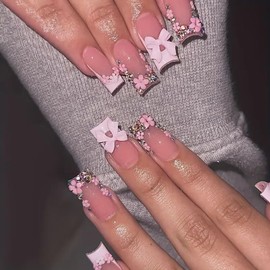 Press on Nails Medium Square Fake Nails Pink False Nails with Flower Design Glue on Nails Rhinestone Full Cover Stick on Nails French Tip Acrylic Nails Bling Artificial Nails for Women Manicure 24Pcs