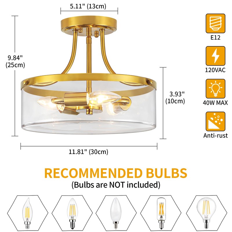 11.81" Brushed Gold Semi Flush Mount Ceiling Light Modern Glass
