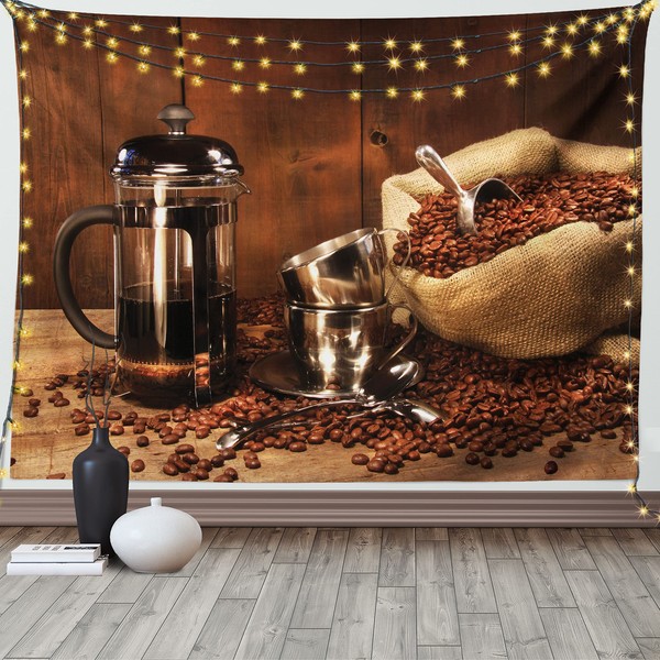 ABAKUHAUS Coffee Tapestry and Bedspread, French Press Cups and Beans