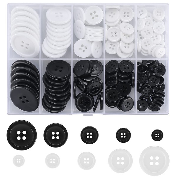 Pack of 160 Black White Buttons, Shirt Buttons, 4 Holes