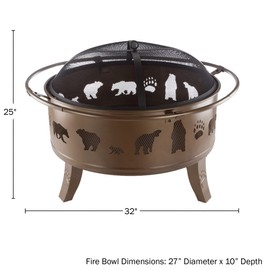 Pure Garden 50-LG1202 32” Outdoor Deep Fire Pit-Round Large Steel Bowl with Bear Cutouts, Mesh Spark Screen, Log Poker & Storage Cover-Patio Wood Burning, Antique Gold