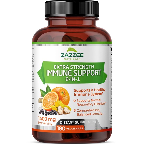 Zazzee Extra Strength 8-in-1 Immune Support, 1400 mg per Capsule, 180 Vegan Capsules, 1000 mg Vitamin C, 1000 IU mg D3, Zinc, Elderberry, Echinacea, Goldenseal, Turmeric and Astragalus, All-Natural