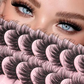 Ahrikiss Lashes Fluffy False Eyelashes D Curl 8D Volume Fake Eyelashes Cat Eye Lashes Natural Look 8 Pairs Wispy Faux Mink Lashes Soft Lightweight Strip Lashes (W8)