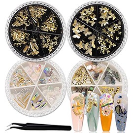SILPECWEE 4 Boxes Gold Nail Charms Flat Back Nail Rhinestone Nail Jewels 3d Nail Art Charms Butterfly Shells Flower Nail Studs Nail Decoration with Tweezers