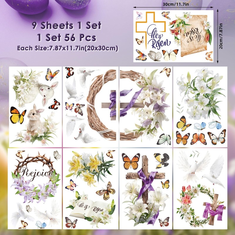 AhfuLife He is Risen Easter Window Stickers, 9 Sheets Reusable