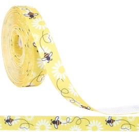 CABODYALS 9.14M 10mm Yellow Bee Ribbon White Polyester Bees Pattern Print Ribbon Spring Printed Grosgrain Fabric Ribbons Thin Bulk Roll for Sewing Making Crafts Wreaths Home Party Decor Supply