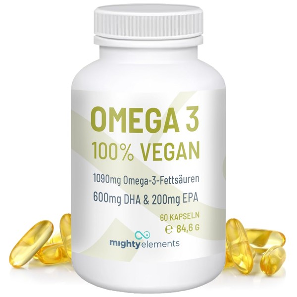 Mighty Elements Omega 3 Capsules Vegan - 60 Capsules Made of Algae Oil 600mg DHA and 200mg EPA - High Dose, Laboratory Tested, 2 Capsules Per Day, Vegan