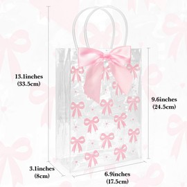 Linkidea 12 Clear Gift Bags with Pink Bows, Includes 25 Adhesive Dots and 12 Lilac Ribbon Bows, Suitable for Party Favors, Wedding Gifts, Holiday Packaging, Birthday