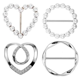 4Pcs Scarf Ring Clip Shirt Clip Clothes Corner Knotted Button For Women Fashion Rhinestone Round Circle Clip Belt Buckle With Pearl Rhinestone Clothing Ring Wrap Holder For Lady Girls Women (Silver)