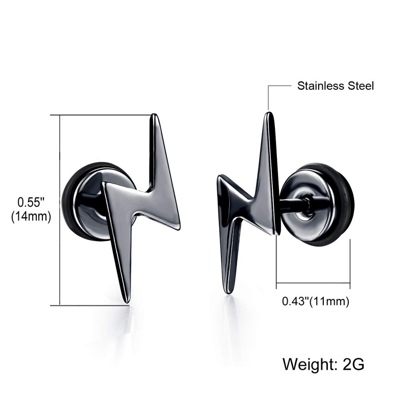 Screw Flat Back Black Lightning Bolt Stud Earrings for Women