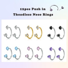 TOPBRIGHT 12PCS 316L Stainless Steel Horseshoe Nose Rings - 20G Threadless Push Pin Hoops with Double Cubic Zirconia for Women Men, Septum/Helix/Daith/Lip Piercing (7mm & 8mm)