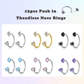 TOPBRIGHT 12PCS 316L Stainless Steel Horseshoe Nose Rings - 20G Threadless Push Pin Hoops with Double Cubic Zirconia for Women Men, Septum/Helix/Daith/Lip Piercing (7mm & 8mm)