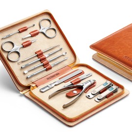 MR.GREEN Manicure Set 12 In 1 Full Function Nail Clippers Personal Care Tool Kits Stainless Steel Pedicure Sets With Leather Case Idea Gift (12Pcs set), Brown