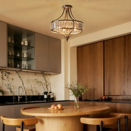 Cabvope Brushed Nickel Chandeliers for Dining Room, 22 Inch Crystal Light Fixture, 6-Light Modern Round Large Chandeliers for Kitchen Hallway Bedroom Foyer Hall, Adjustable Height Hanging Light