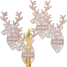 Papierdrachen Set of 4 Felt Cutlery Holders – Deer Motif – Brown with High-Quality Print – Christmas Decoration – Festive Table Decoration – Set of 7
