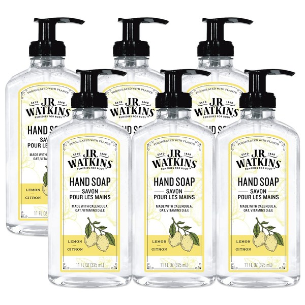 J.R. Watkins Gel Hand Soap, Scented Liquid Hand Wash for Bathroom or Kitchen, USA Made and Cruelty Free, 11 fl oz, Lemon, 6 Pack