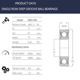 Pack of 10 6003-2RS Ball Bearings, 17mm x 35mm x 10, Small Deep Groove Ball Bearings, Shielded Ball Bearings, Rubber Sealed Bearing Steel for DIY, Lathes, Motors, 3D Printers, Milling Machines