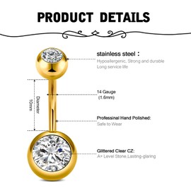Briana Williams Gold Belly Button Ring Belly Rings for Women Belly Ring Belly Button Piercing Stainless Steel Clear Round Heart Diamond Belly Button Rings 10mm