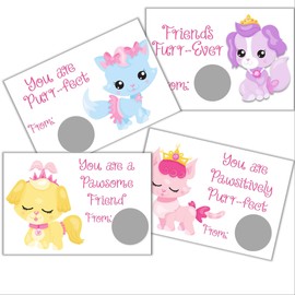 Puppy and Kitten Princess Valentine's Day Scratch Off Card for Kids, DIY Scratch Off Card, Pack of 24 Cards with Envelopes