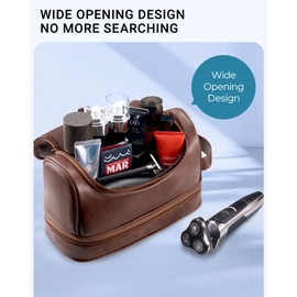 Elviros Toiletry Bag for Mens PU Leather Travel Organizer Kit with Hanging hook, Large Water-resistant Toiletries Bathroom Shaving Bag, Gift For Men (Dark Brown)