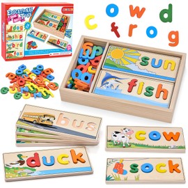 Atoylink Wooden Spell Learning Toys for 2 3 4 5 Year Old Kids Match Letter Spelling Game Board & Letters & Box, CVC Word Builder Toddler Educational Toy Kindergarten Preschool Learning Activities