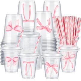 FoldTier 60 Set Plastic Cups Pink Bow Themed 14 oz Disposable Clear Cups with Lids and Paper Straws for Summer Bow Party Favor Supplies Decorations