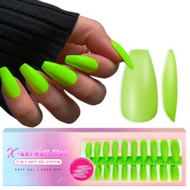 SXVME Gel X Nail Tips Long Coffin Press on Nails Soft Gel Nail Tips 300Pcs Pre Colored Neon Green Gel X Tips Natrual Gel X Nails Press ons Soak Off Acrylic Fake Nails Extensions False Nails DIY Nail