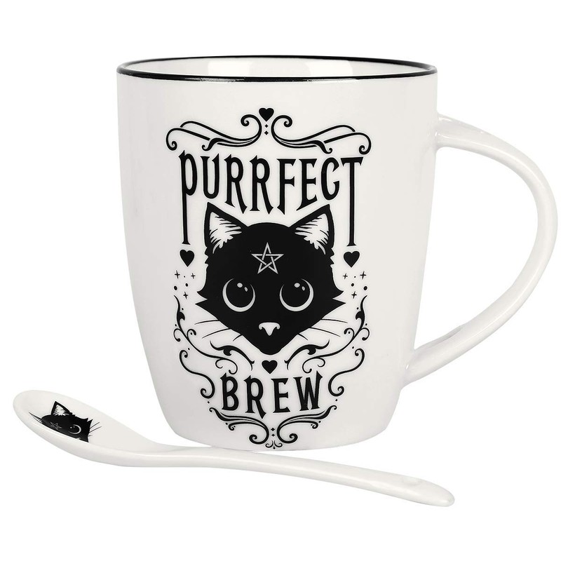 Alchemy Gothic Cup and Spoon Set Purrfect Brew White/Black