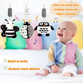 KAKIBLIN 3 Pack Hanging Rattle Toys, High Contrast Baby Hanging Toys and Plush Stroller Toys for Babies 0-18 Months,Newborn Car Seat Toys with Black and White Cartoon Shapes (21CM, Ladybug,Bee & Owl)