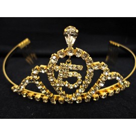 Charmed GOLD Rhinestone Tiara w Charm 15th Birthday Quinceanera Sweet 15- C7557G