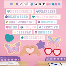 xo, Fetti Classroom Affirmations Station Set, 20 Pieces | ERAS Bulletin Board Decorations, Boho Pastel School Social Emotional Chart, Friendship Bracelet Teacher Supplies