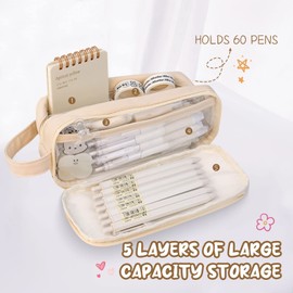 Cute Pencil Case for Kids and Adults, Large Capacity Clear Pencil Case Organizer, Portable Aesthetic Pencil Pouch Stationery Makeup Storage for Office School Travel (Apricot)