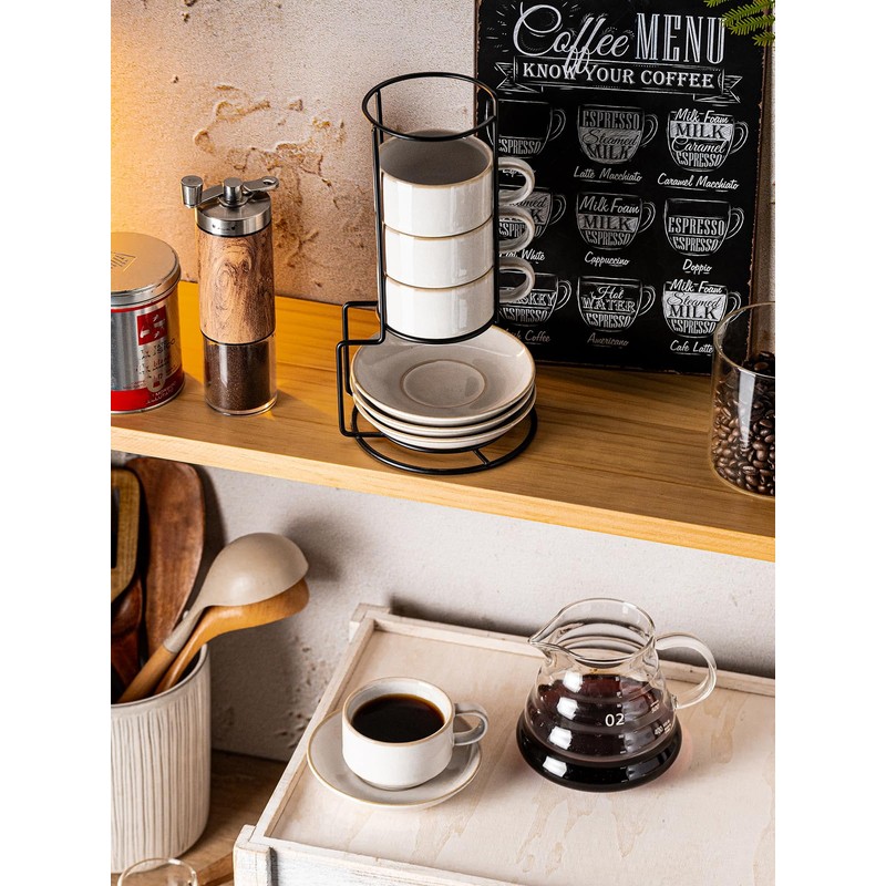 Gomakren 6 Ounce Cappuccino Cups with Saucers and Metal Stand,