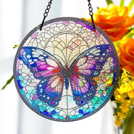 H&D HYALINE & DORA 6.3 '' Butterfly Stained Glass Window Hanging Hand Painted Suncatcher Window Decor Glass Panels Art Decor Butterfly Gifts for Grandmother, Mom, Daughter