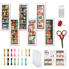 FREEBLOSS 6 Set Cross Stitch Bookmark Kits Fox Bookshelf Pattern Stamped Embroidery Kit Stitch Bookmarks DIY Book Marks Printed Cross Stitch Kits with Instructions for Beginners Adults, 8''x2.4''