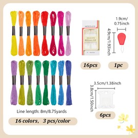 FREEBLOSS 48 Skeins Embroidery Floss Rainbow Color Cross Stitch Threads with Floss Bobbins, Needle Threader and 16 Embroidery Needles, Multicolor, 8.7 Yards per Skein, 6 Strands
