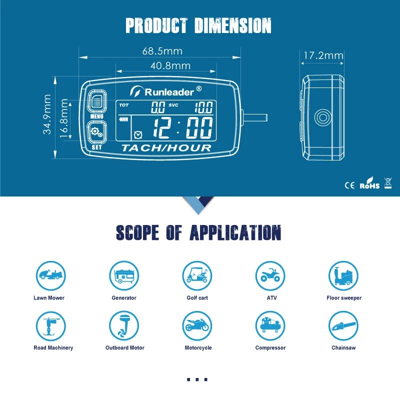 Runleader Digital Tach Hour Meter Self Powered Maintenance RPM Alert