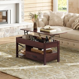 WLIVE Lift Top Coffee Table, 39" Coffee Table with Storage Drawers, Hidden Compartment, Wooden Lift Tabletop Center Table for Living Room, Home, Rustic Oak