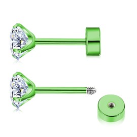 ZDE Titanium Women Flatback Earrings Green Plated Cubic Zirconia Stud Earrings 5mm Flat Back CZ Earrings Hypoallergenic Cartilage Flatback Earring Tragus Helix Tragus Conch Piercing 3mm-5mm, 5MM,