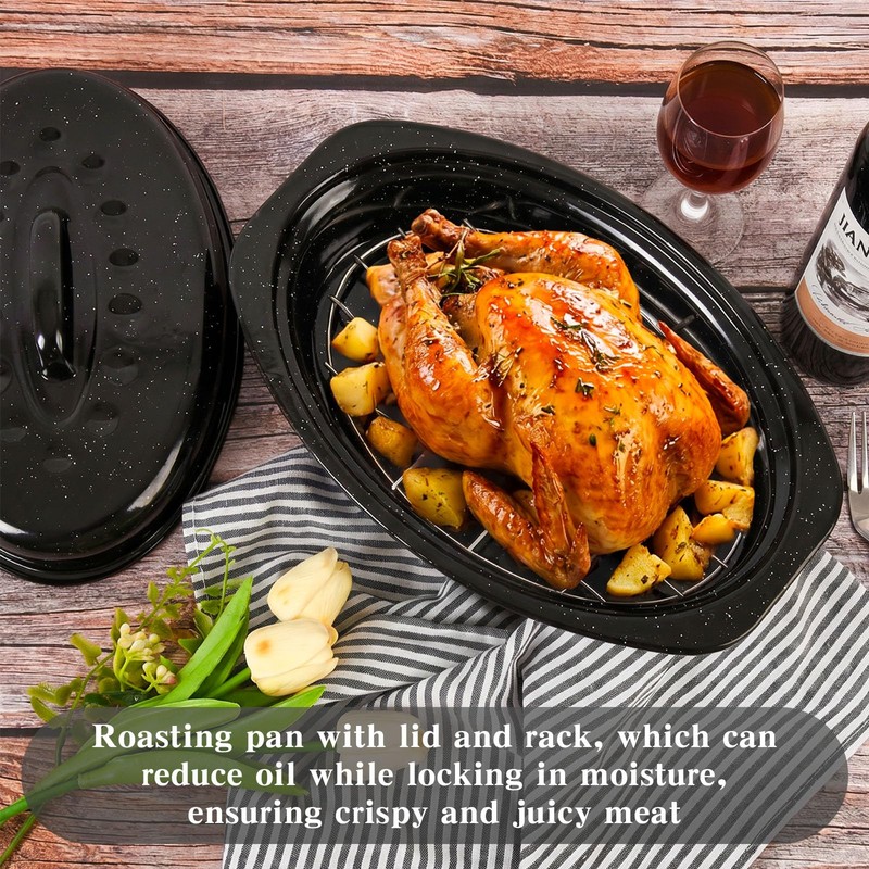 13 Inch Roasting Pan with Lid and Rack, Enamel Carbon