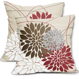 Brown Red Throw Pillow Covers 20x20 Dahlia Flower White Gray Elegant Colored Decorative Pillows Farmhouse Outdoor Decor for Home Living Room Sofa Bed Modern Floral Linen Square Cushion Case, Set of 2
