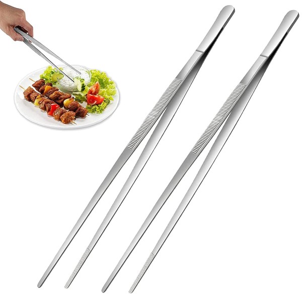 2Pcs Stainless Steel Kitchen Tweezers, 12-Inch Culinary Fine Tweezer Tongs Food Tongs for Cooking Tongs with Precision Serrated Tips for Surgical & Sea Food