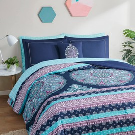 Degrees of Comfort Queen Bed Set, Boho Mandala Comforter Sets with Sheets,Blue Microfibe Bed in A Bag with Side Pockets, Matching Decorative Pillow, 8 Piece Navy