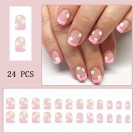 Pink French Tip Press on Nails Short Square Fake Nails Yellow Daisy Flower False Nails with French Tip Design Cute Floral Artificial Nails Glossy Glue on Nails for Women Girls Nails Decoration 24 Pcs
