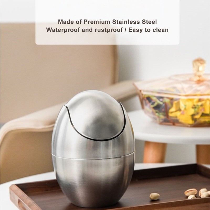Desktop Trash Can Stainless Steel Egg Shape Mini Countertop Waste
