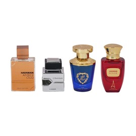 Al Haramain Fragrance Discovery Set for Men & Women – 4×10ml Each, (Amber Oud Gold Edition + L'aventure + Azlan Oud Amber Edition + Blanche)